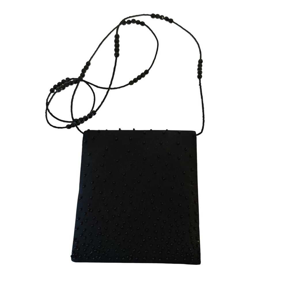 Jessica McClintock Evening Bag Womens SM Black Beaded Satin Cocktail Vintage 90s